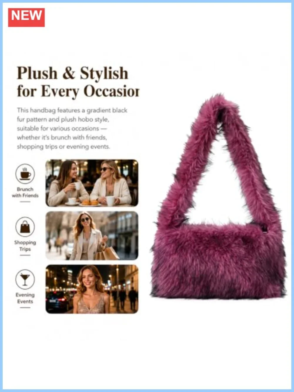 Faux Fur Shoulder Bag Hobo Tote Plush Zip Closure